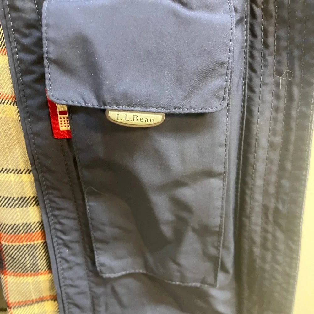 LL Bean Womens Small Regular Navy Blue Long Hooded Rain Coat Plaid Flannel Lined - Picture 6 of 14